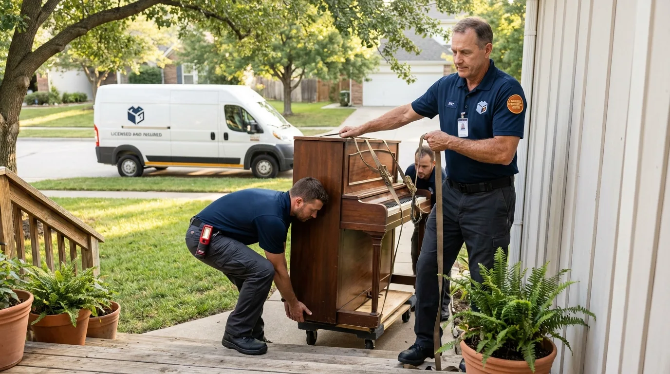 Licensed piano movers securing grand piano in Gilbertsville, PA