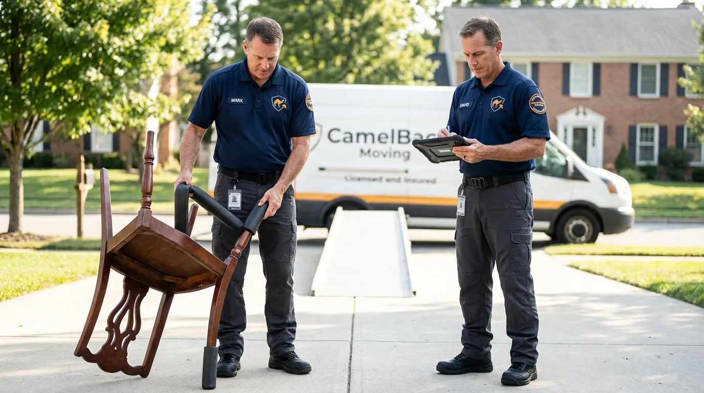 Movers inspecting furniture for damage prevention before loading in Gilbertsville, PA