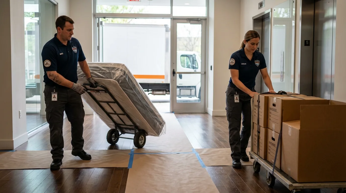 Professional apartment movers loading elevator in Gilbertsville, PA