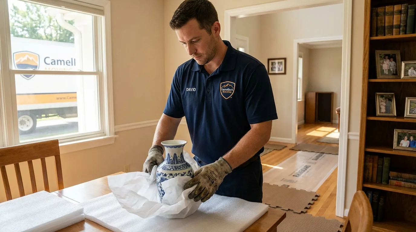 Professional crew carefully wrapping antique vase for senior downsizing move in Gilbertsville, PA